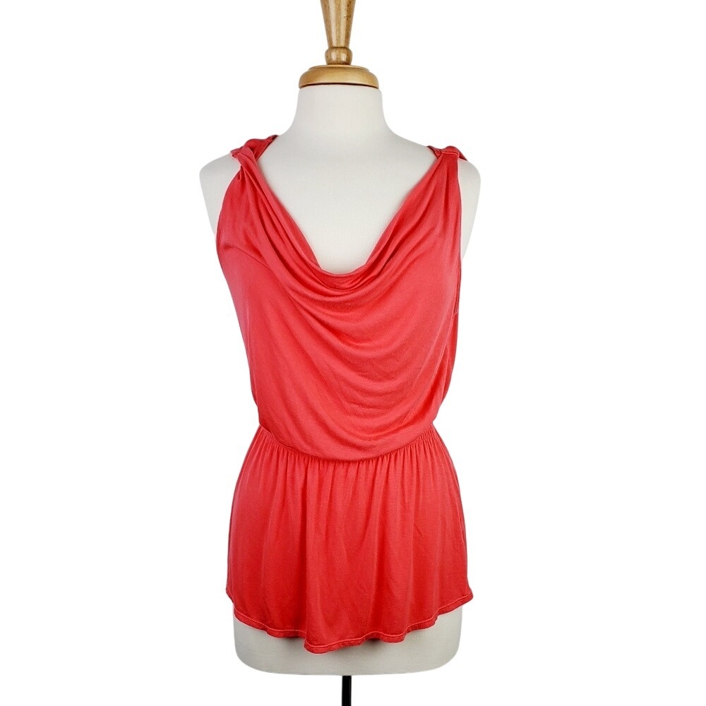 Womens‎ Sleeveless Draped Neck Blouse Size L Coral Orange Scoop Neck Flowy